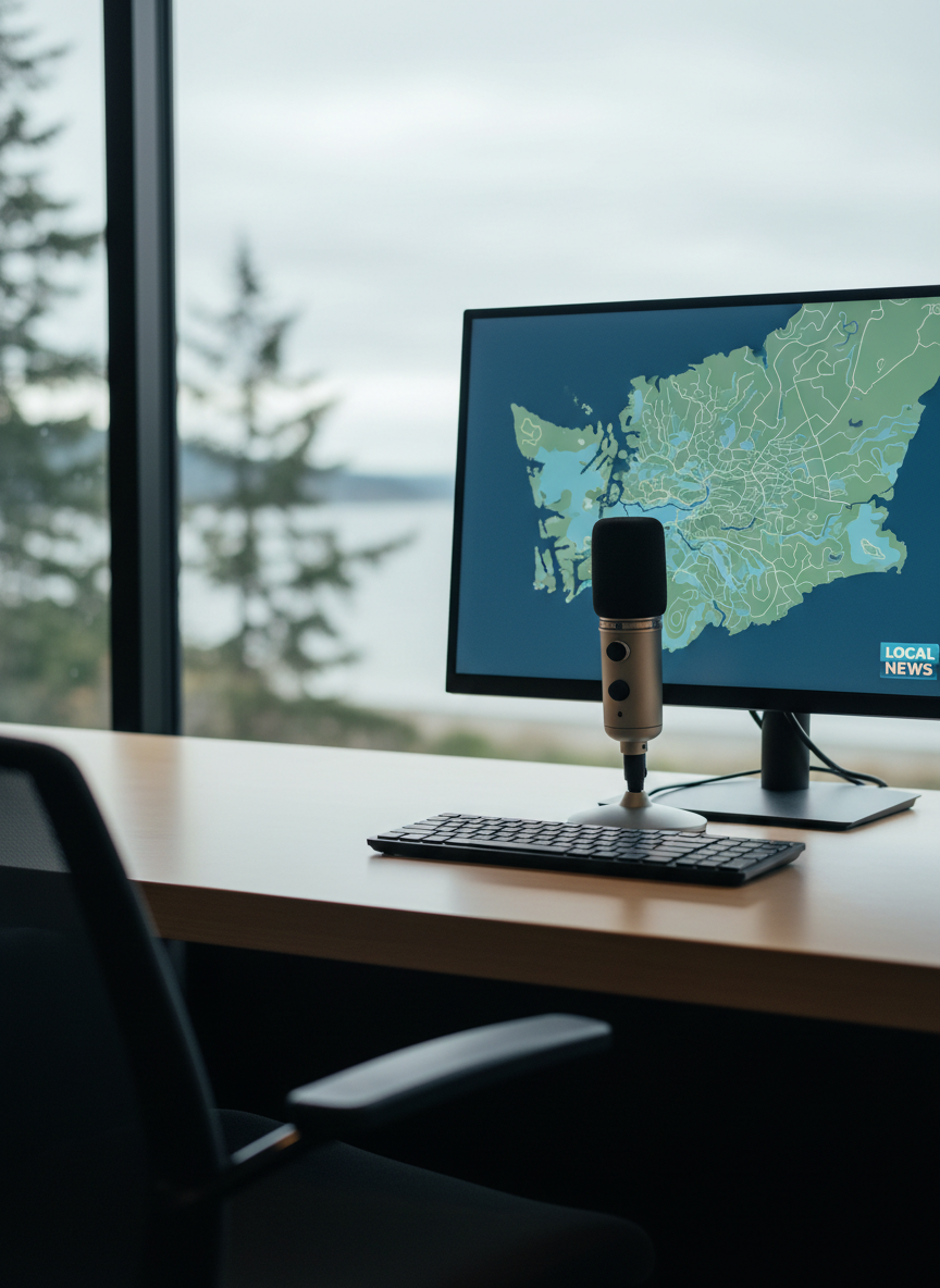 A clean, modern newsroom desk setup featuring a sleek brushed-aluminum microphone, a slim black keyboard, and a large, frameless monitor displaying a subtle map of South Puget Sound outlined in cool blues and muted greens. The desk surface is a light ash wood with a soft matte finish, positioned near a wide window that reveals a faint, out-of-focus shoreline and evergreen silhouettes. Diffused overcast daylight spills across the scene, creating gentle reflections on the metal and glass surfaces. Photographed at eye level with a shallow depth of field, the background fades into a soft blur, emphasizing the tools of journalism. The atmosphere is professional, calm, and focused, with photographic realism and a clean, minimalist aesthetic suitable for a local news homepage hero image.