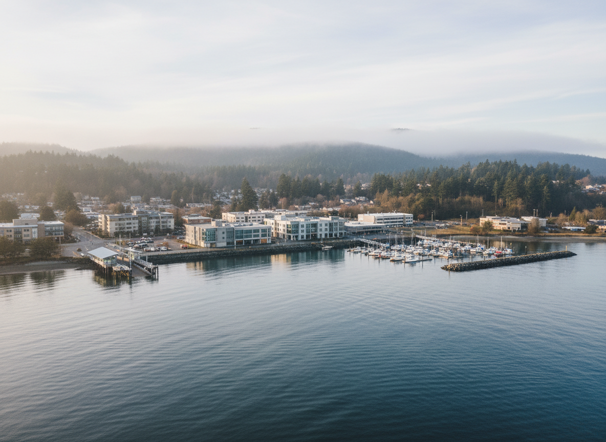 An elevated, wide photographic view of a South Puget Sound shoreline, with calm, steel-blue water in the foreground, a cluster of low-rise civic and commercial buildings in neutral tones along the midground, and densely forested hills fading into mist in the background. A small harbor with neatly arranged docks and moored boats sits to the right, while a modest ferry terminal structure anchors the left side of the frame. Soft, diffused late-afternoon light from an overcast sky produces gentle contrasts and subtle reflections on the water. The composition follows the rule of thirds, with sharp focus throughout to highlight architectural and natural details. The mood is steady, trustworthy, and grounded, evoking the everyday rhythm of a South Puget Sound community for a local news banner image, rendered in photographic realism.
