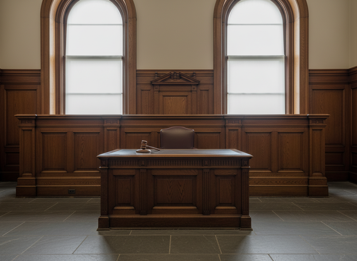 Empty judge's bench and gavel in a Pacific Northwest courthouse