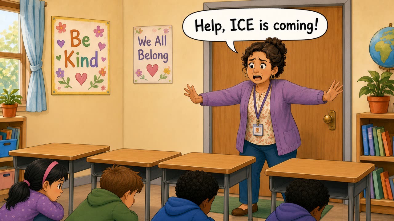 Cartoon classroom teacher saying Help, ICE is coming!