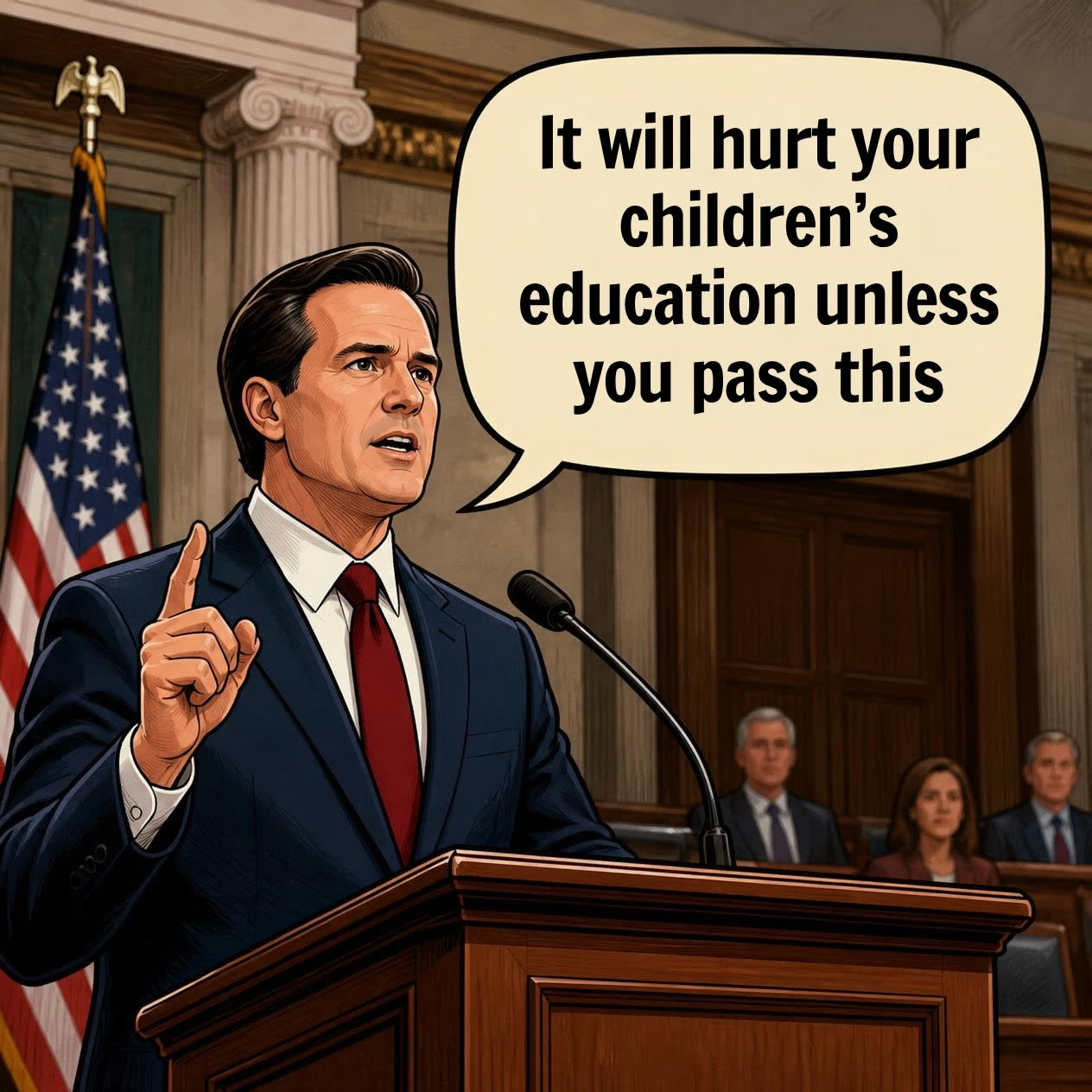 Cartoon of a politician at a podium saying "It will hurt your children's education unless you pass this"