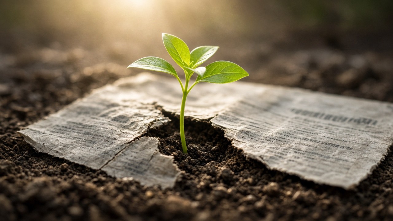 A green seedling growing up through a torn piece of old newspaper on dark soil, lit by warm sunlight